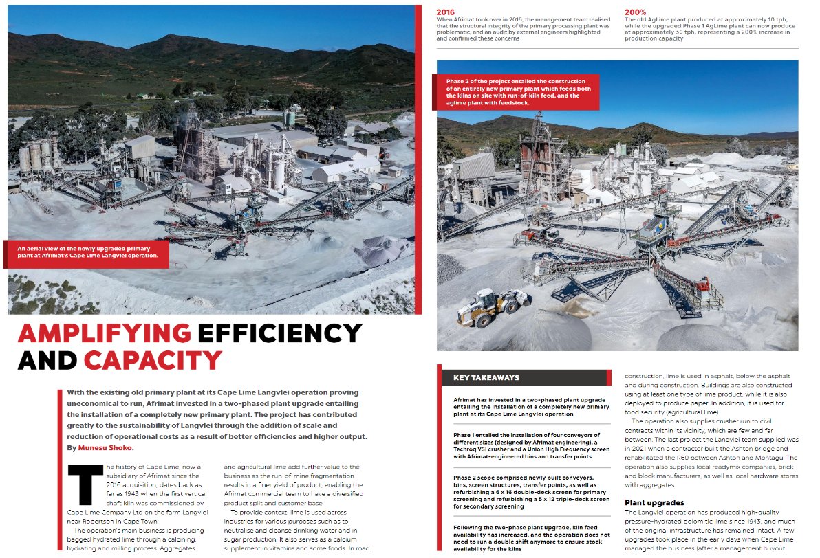 We recently invested in a 2-phased plant upgrade at our Robertson Cape Lime operation which contributed greatly to sustainability through the addition of scale & reduction of operational costs. Read here: quarryingafrica.com/magazines/vol-… @AfricaQuarrying #Mining #Effiency #Sustainability