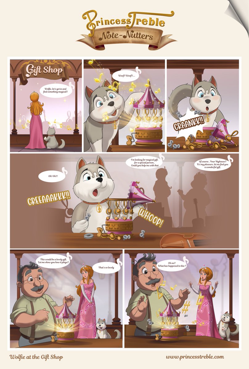 Note Nutters - Musical Comic Series
'Wolfie at the Gift Shop '

#comics #comicstrip #comicbooks #childrencomic #funnycomic #kidscomic #notenutters #princesstreble #fairytales #magic #princess #fairy