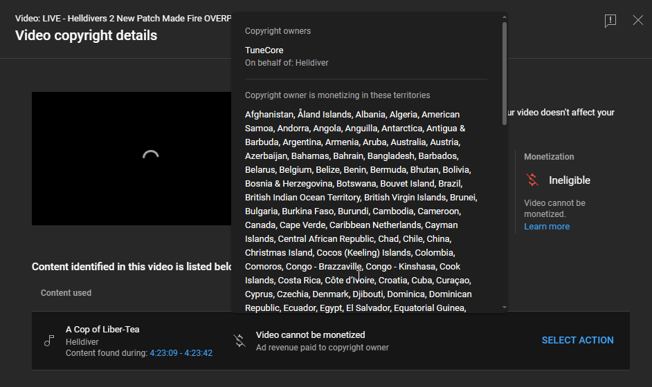 Claysthetics's tweet photo. Just so @ArrowheadGS @helldivers2 @Pilestedt  is aware. @TuneCore or someone claiming to be TuneCore is claiming videos with the helldivers 2 theme song. This was literally just the extract music playing on the endscreen of a mission.

Timestamped vod: https://t.co/WGnRGIE4rG https://t.co/50doX29ihc