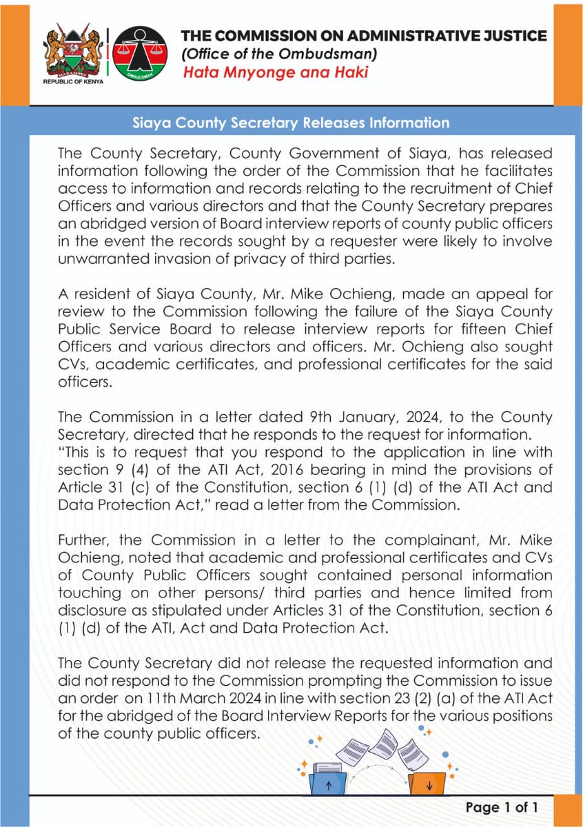 Siaya County Secretary Releases Information.