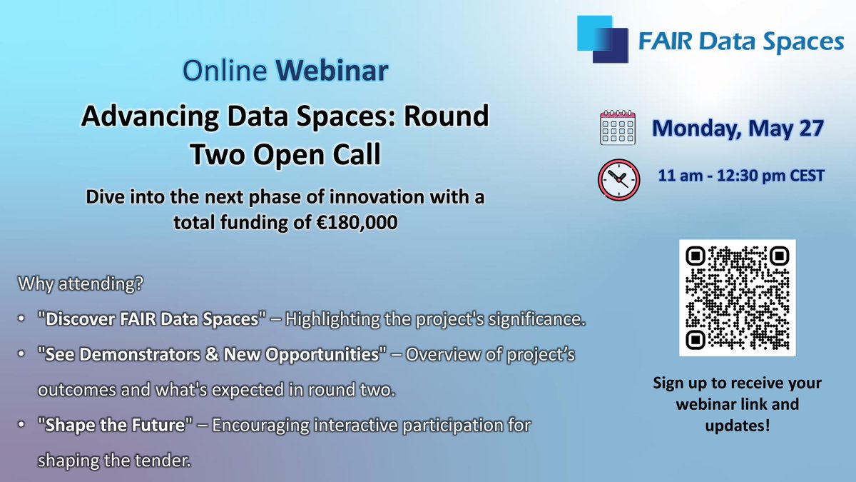 🚀 Companies, join our webinar on May 27th, 11 AM CEST! Discover data exchange innovations in FAIR #DataSpaces with #GaiaX, #IDS, #NFDI, & #EOSC. Explore new opportunities and shape our €180K call.
🔗 Subscribe for details:nfdi.de/fair-data-spac…
#Innovation #Webinar