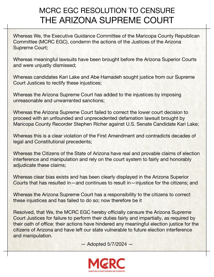 BREAKING: At tonight's official meeting of the Maricopa County Republican Committee Executive Guidance Committee (MCRC EGC), the MCRC EGC unanimously censured the Arizona Supreme Court. PDF: drive.google.com/file/d/1YtCEeq… #MCRC #WeThePeople #Liberty #Justice #ElectionIntegrity