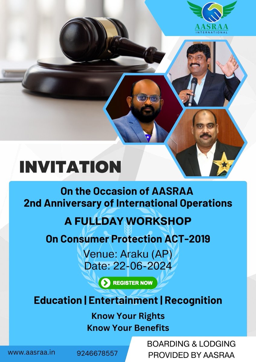 Join AASRAA for our 2nd anniversary celebration of International Operations! Learn about your rights and benefits at our Consumer Protection Act 2019 workshop in Araku on June 22nd. Lodging and boarding included. Register now! 
#AASRAA #ConsumerRights