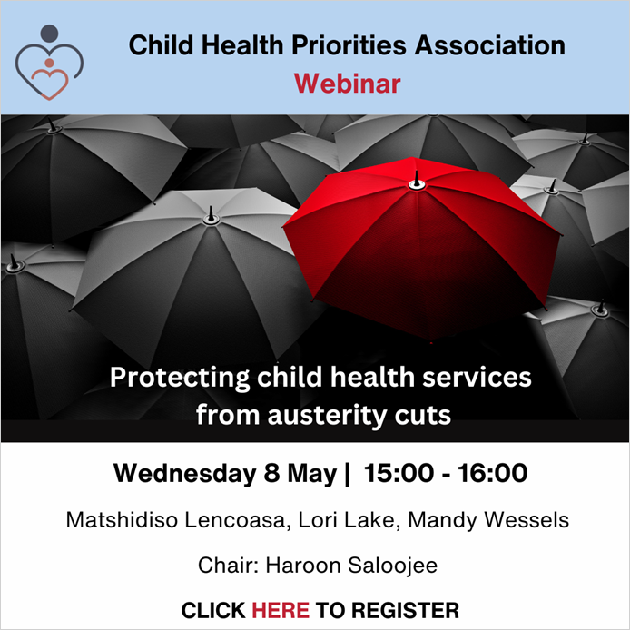 Join The Child Health Priorities Association for a crucial discussion on the impact of government austerity measures on child health services today at 3PM. SECTION27 Budget researcher, @tshidixlen will be part of the discussion. #ChildrensRights #ChildHealth