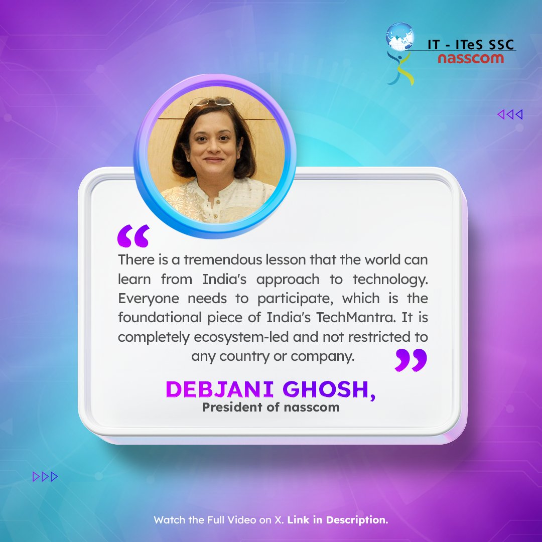 Debjani Ghosh, President of nasscom, emphasizes on India's approach to technology as an ecosystem-led approach, open to all, that transcends borders and companies. To watch the full video, visit lnkd.in/gnqfBA_r #SSCnasscom #SSC #SSCLeaders #TechMantra #DigitalInclusion