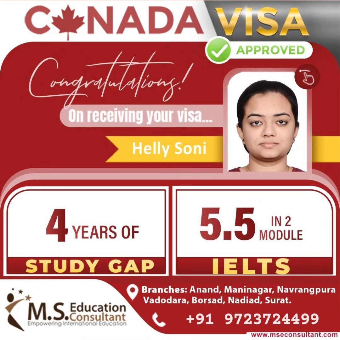 Congrats!!! 🌟 Helly Soni for Canada 🇨🇦 Student Visa 💐

🔸Visa in 1st attempt 
🔸5.5 Bands in 2 Modules
🔸4 Year of study gap

#MSEducationConsultant #StudentVisa #StudyAbroad #IELTS #toefl #pte #Immigration #StudyInCanada #StudyInUSA #bestvisaconsultant #bestieltscoaching