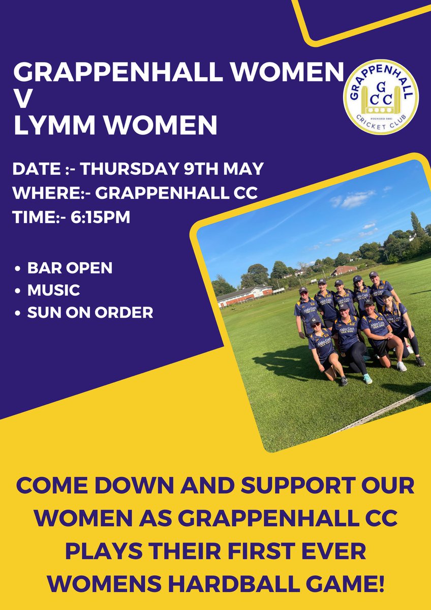 It’s finally here! 

Our women take the field as hard ball cricketers for the very first time @ Grappers! 

Come down and cheer them on as they play Lymm in a T20 cup match! 

#UTG