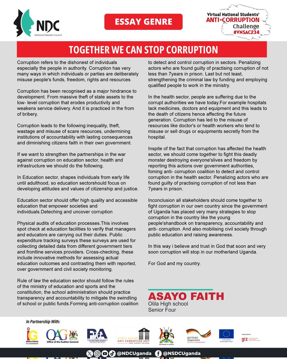 Asayo Faith , unveils a compelling strategy in her #VNSAC234 essay. From education to healthcare and infrastructure, her insights show us the way to combat this menace together. Let's rally behind her call to #ExposeTheCorrupt and build a brighter, corruption-free future @EUinUG