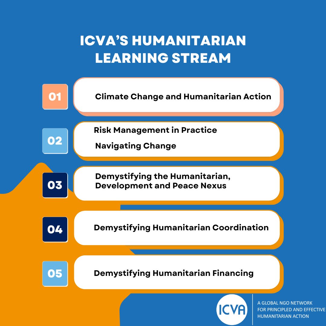 📢Ready to take your humanitarian knowledge to the next level? @ICVAnetwork's Humanitarian Learning Stream offers free courses on a variety of pressing #humanitarian issues. Explore the free courses and start your learning journey today👇 icvanetwork.org/e-learning/ #climate #ngos