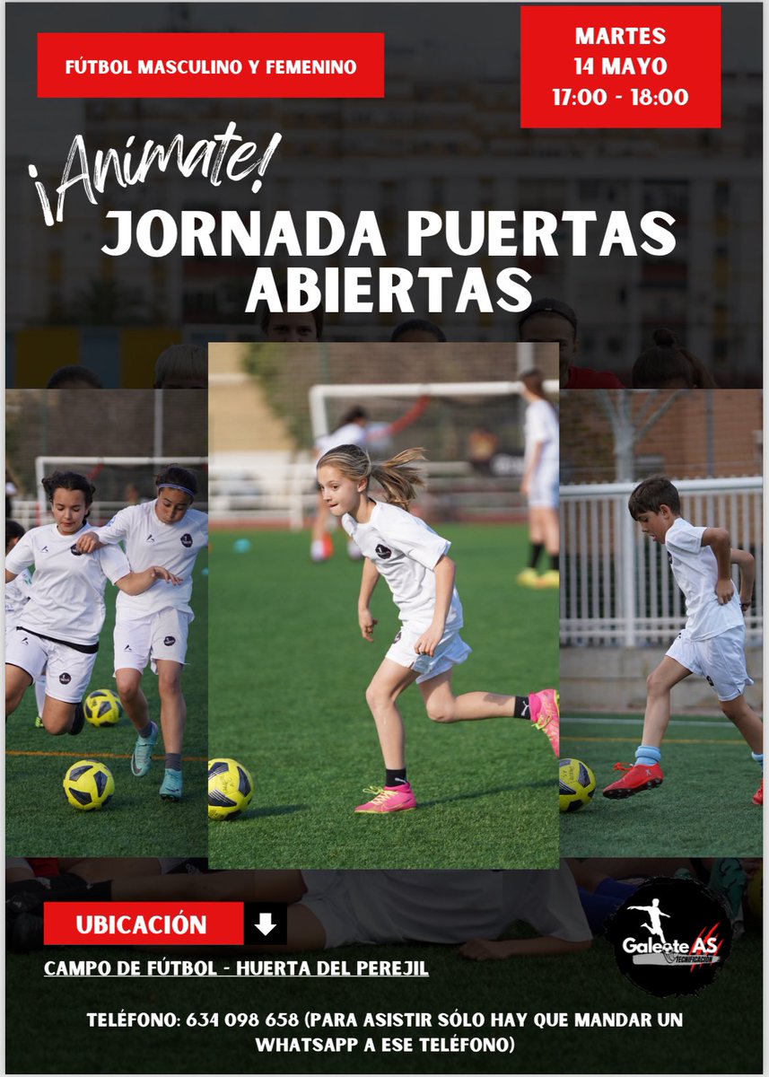 Os INVITAMOS a nuestra JORNADA de PUERTAS ABIERTAS el próximo martes!

Solo tienes que enviarnos un WHATSAPP con el mensaje "asisto a la jornada del martes 14" y listo!!

Y recuerda que trabajamos con fútbol Femenino y Masculino en diferentes sedes! 

ANÍMATE, ven y conócenos💪🏽⚽️