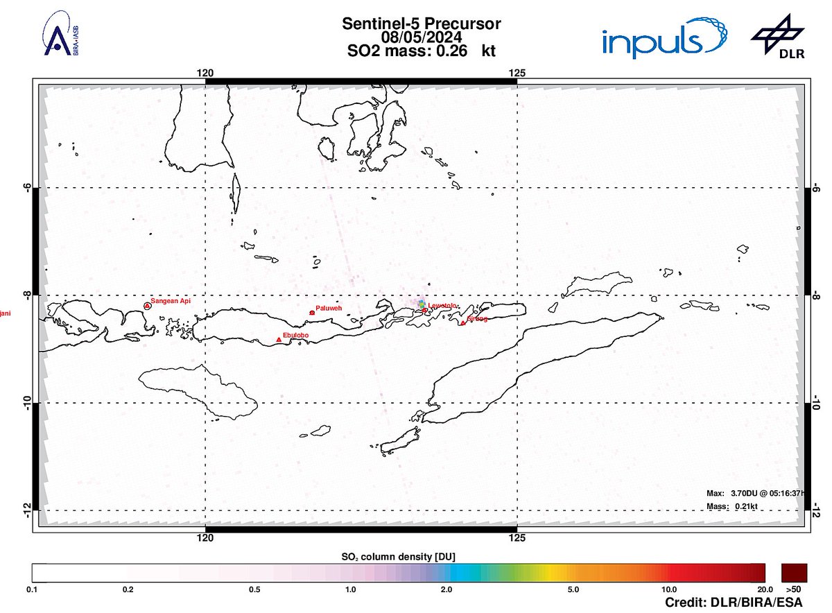 On 2024-05-08 #TROPOMI has detected an enhanced SO2 signal of 3.70DU at a distance of 12.5km to #Lewotolo. Other nearby sources: #Sirung #Paluweh. #DLR_inpuls @tropomi #S5p #Sentinel5p @DLR_en @BIRA_IASB @ESA_EO #SO2LH