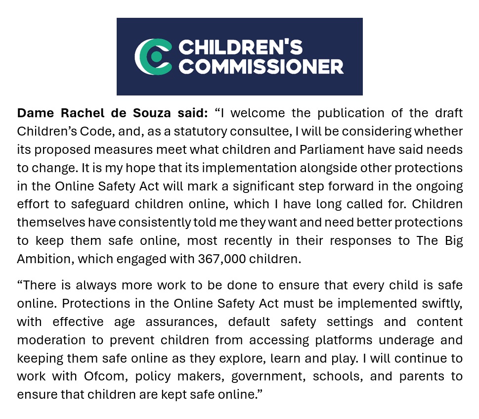 Today Ofcom publishes their draft Children's Code, which sets out how services must meet their new duties to protect children online. This is a significant step forward in the ongoing effort to safeguard children online, but more work needs to be done. Read my full statement 👇