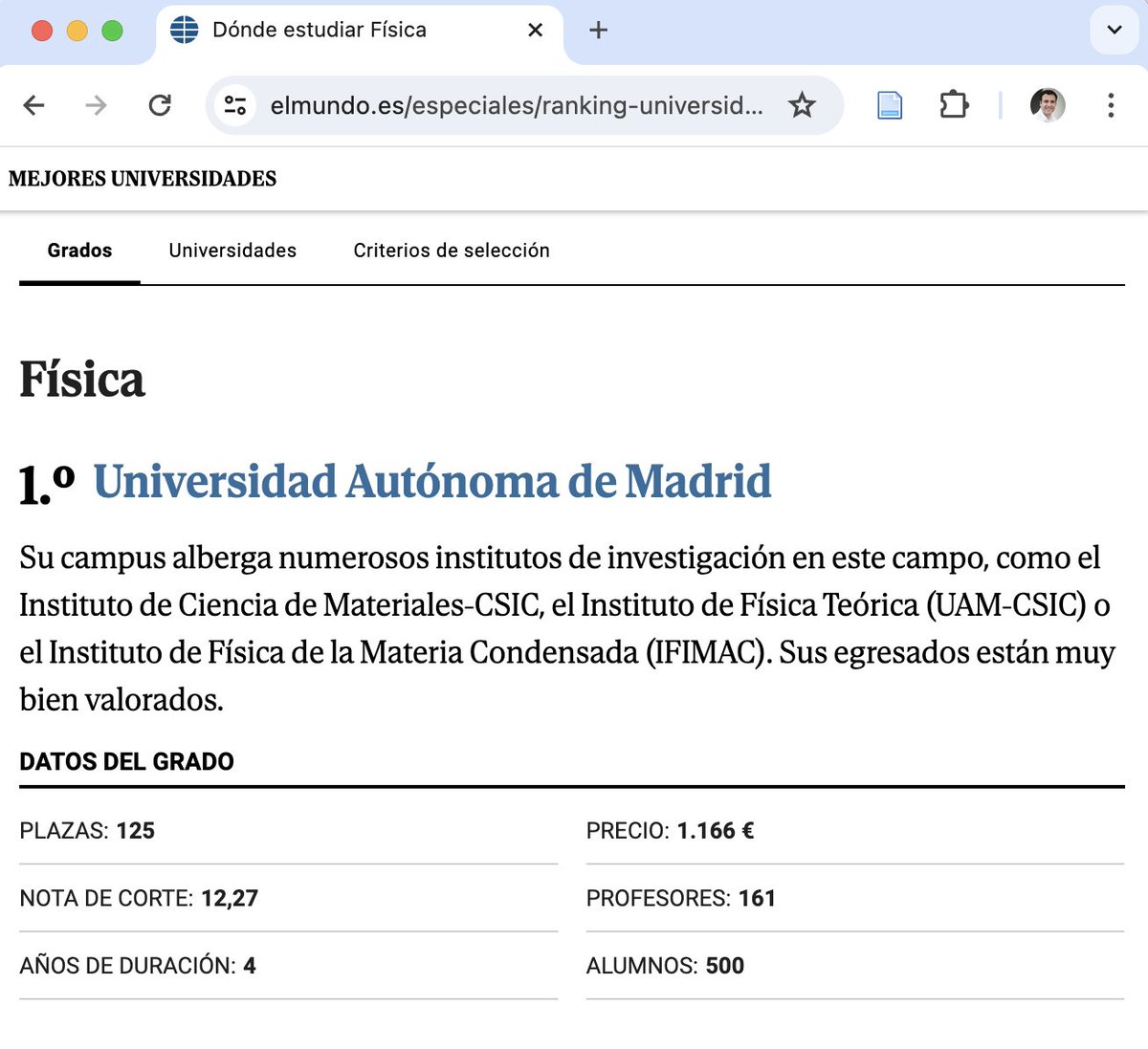 Jorge Bravo (@bravo_abad) on Twitter photo I'm not a big fan of most rankings, but it's nice to see Physics at <a href="/UAM_Madrid/">UAM Autónoma Madrid</a> ranked number one in Spain (according to <a href="/elmundoes/">EL MUNDO</a>). It's also great to see a mention of <a href="/ifimacuam/">IFIMAC - Condensed Matter Physics Center</a> in that context.
elmundo.es/especiales/ran… I'm not a big fan of most rankings, but it's nice to see Physics at <a href="/UAM_Madrid/">UAM Autónoma Madrid</a> ranked number one in Spain (according to <a href="/elmundoes/">EL MUNDO</a>). It's also great to see a mention of <a href="/ifimacuam/">IFIMAC - Condensed Matter Physics Center</a> in that context.
elmundo.es/especiales/ran…