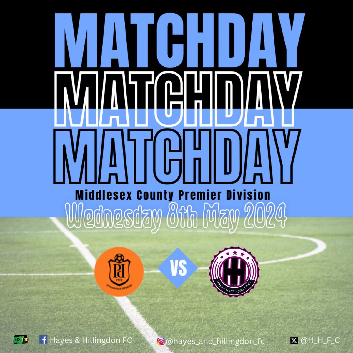 MIDWEEK MATCH DAY..👊🏼🏟️⚽️

🆚Pitshanger Dynamo 
🏟️Brentham Club, 38a Meadvale Road, Ealing, W5 1NP
⏱️6:45 PM KO

(Our partners; Swirles Barbers, Southbourne Electrical & Richings Sports Park) 

#HHFC #morethanafootballclub #hayesandhillingdonfc #matchday #gameday #midweek 
🩵🖤💜