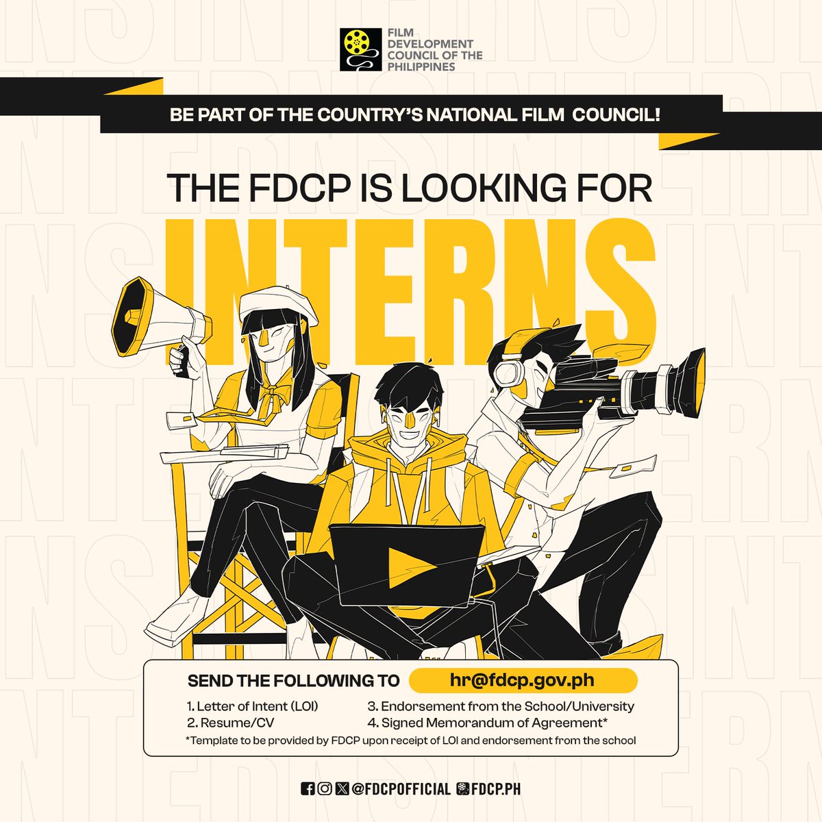 If you are interested in gaining hands-on experience in the Philippine film industry, apply now for an internship at the Film Development Council of the Philippines (FDCP)! 📣

Join the national film agency in championing the growth of Philippine cinema! #FDCP