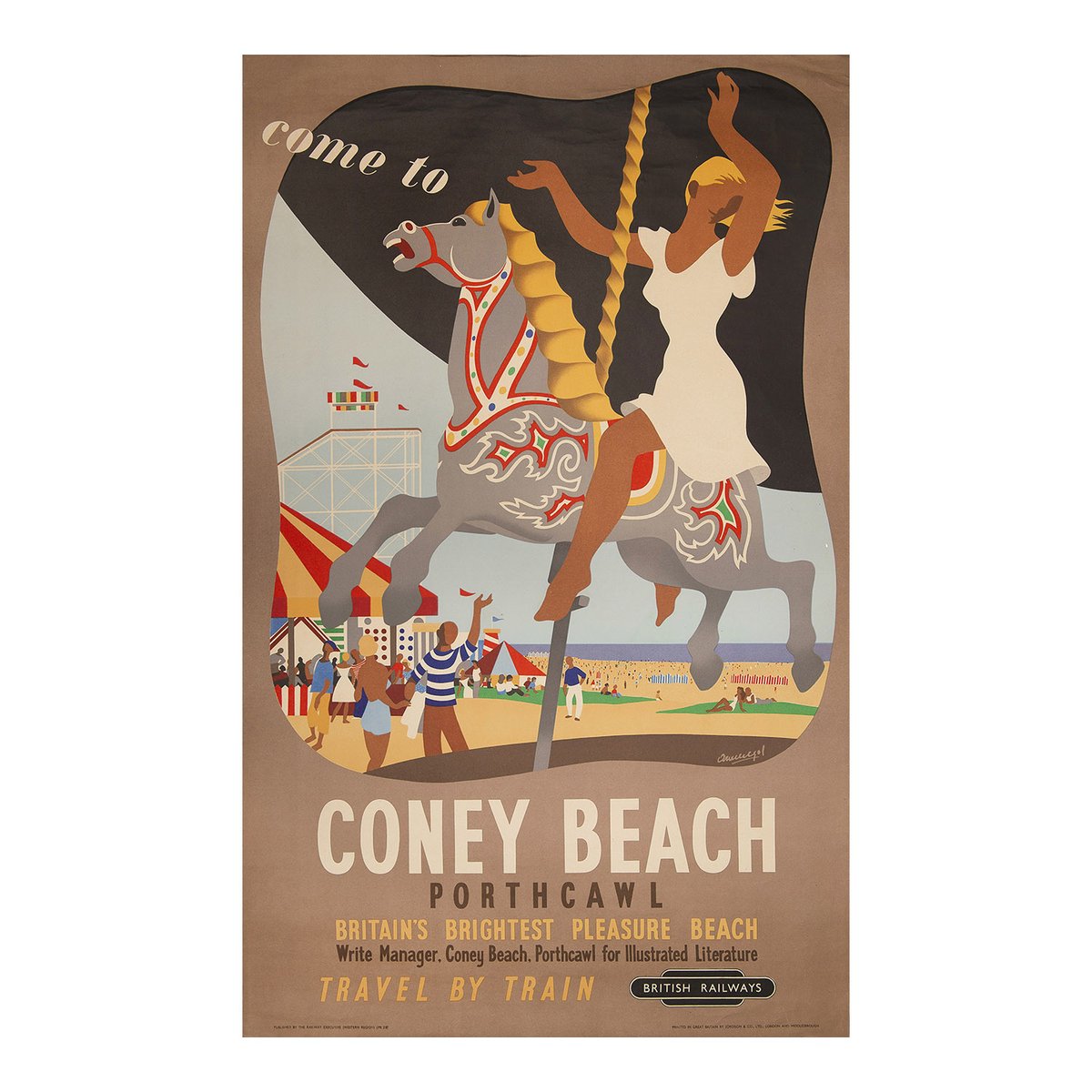This, in my humble opinion, is the best railway poster I've currently got for sale. Not the most expensive, but what fluidity and appeal. Printed for the Railway Executive to promote Coney Beach in Porthcawl & painted by the Spanish artist-designer Mario Hubert Armengol, 1952