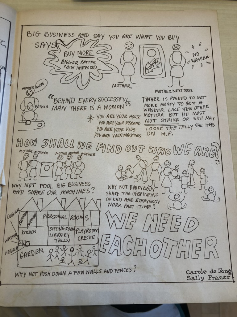 One of yesterday's archival highlights via the 1970s feminist magazine, Shrew [@feministlibrary]: 'why not fool big business and share our machines?' 'why not everybody share the upbringing of kids and everybody work part time?' 'why not push down a few walls and fences?'