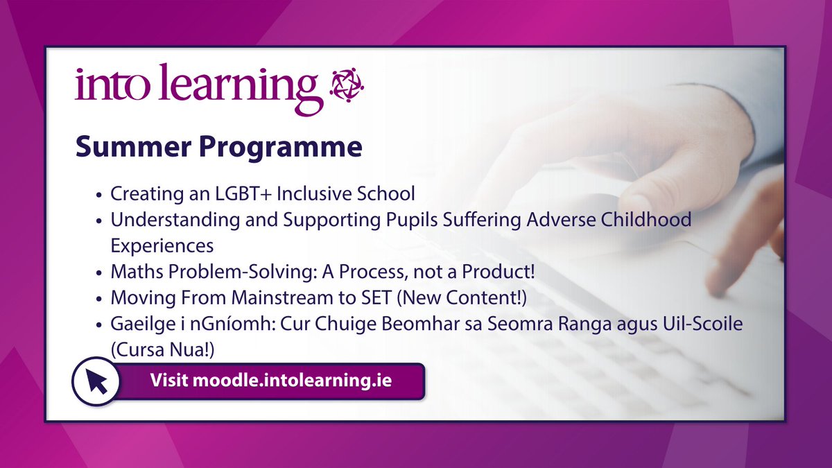 Have you signed up for #INTOLearning's online Summer Programme courses yet? There are 14 Department of Education-approved options to choose from. 📅 Online course dates: 1 - 17 July - €35 Details/register (log in to Moodle)👉ow.ly/oaxm50RzbcO