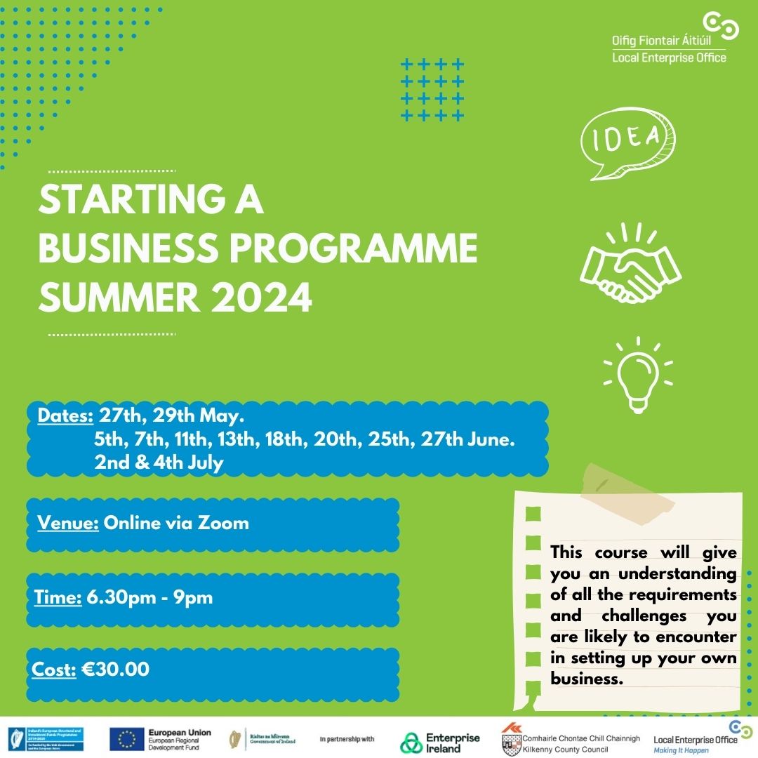 📢 STARTING A BUSINESS PROGRAMME - SUMMER #1 2024 📆 Commencing Monday 27th May, two evening per week until 4th July 🕙 Time: 6.30pm - 9pm 📍 Location: Online via Zoom 🔗Book your space here: shorturl.at/bwxPY #MakingItHappen