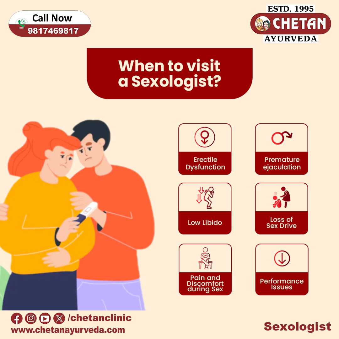 When to visit a sexologist
विवाहित जीवन से जुड़ी किसी भी कमजोरी के लिए आप निसंकोच अपने प्रश्न व्हाट्सएप कीजिए हमारे सीनियर आयुर्वैदिक सेक्सोलॉजिस्ट आपकी सहायता के लिए तत्पर हैं
WhatsApp No 098174 69817
जागरूक रहें, स्वस्थ रहें, मुस्कुराते रहें !!
#chetanclinic #treatment