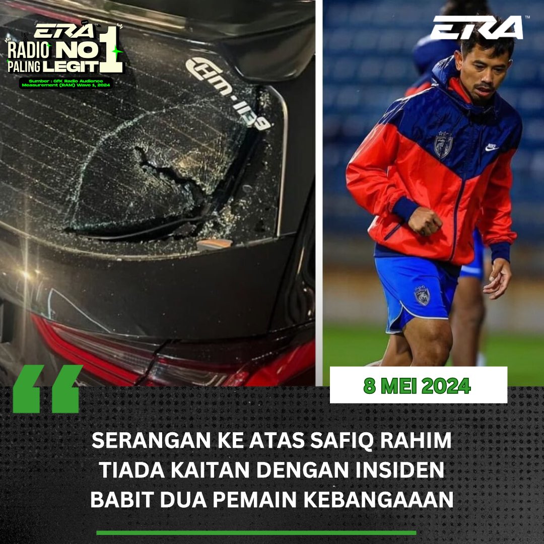 Polis Johor percaya serangan terhadap pemain pasukan bola sepak Johor Darul Ta’zim (JDT) Safiq Rahim tidak mempunyai kaitan dengan insiden membabitkan dua pemain negara baru-baru ini. #sharERA . Kredit @bernamadotcom