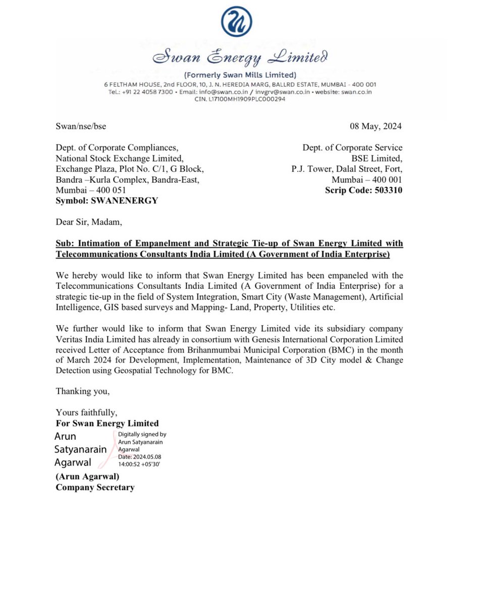 Swan Energy Limited has been empaneled with Telecommunications Consultants India Limited.

This partnership is under the purview of a Government of India Enterprise.

The collaboration encompasses various areas such as System Integration, Smart City initiatives focusing on Waste