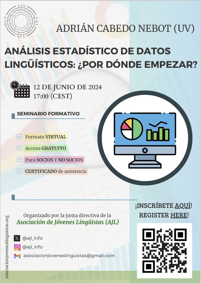 • SEMINARIOS FORMATIVOS AJL •

ANÁLISIS ESTADÍSTICO DE DATOS LINGÜÍSTICOS: ¿POR DÓNDE EMPEZAR? 

🗣️ Adrián Cabedo Nebot (UV)
🗓️ 12 de junio | 17:00 (CEST)
🟢 ONLINE 

¿Nos acompañas? ¡Inscríbete ya!

docs.google.com/forms/d/e/1FAI…