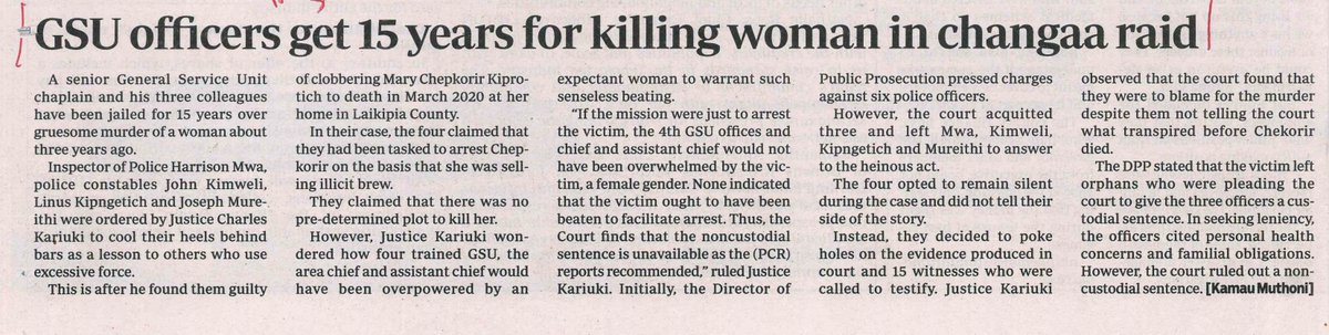 Four GSU Officers who killed Mary Chepkorir Kiprotich during a crackdown on illicit brew in March 2020 have been sentenced to 15 years in jail ^SC  
#PoliceAccountability
#GuardingPublicInterestInPolicing
@thestandard