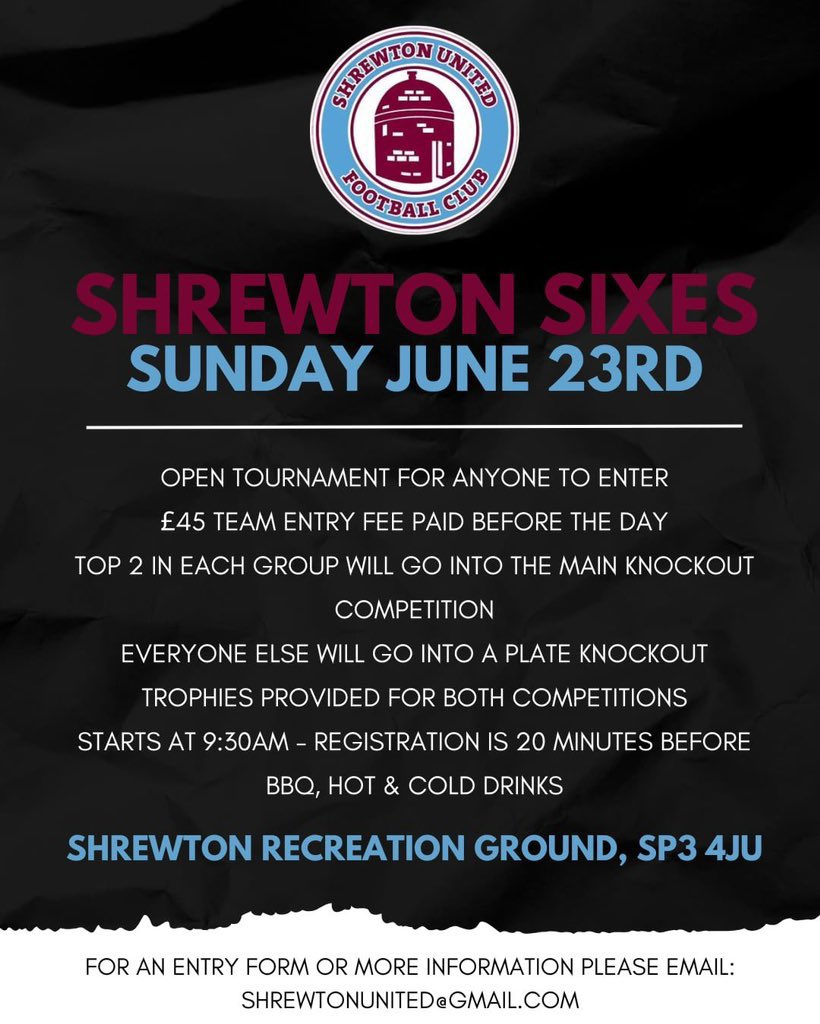 Entries coming in well, please don’t delay in entering your team for our annual 6 a side tournament. Get in touch for an entry for at….⚽️ shrewtonunited@gmail.com