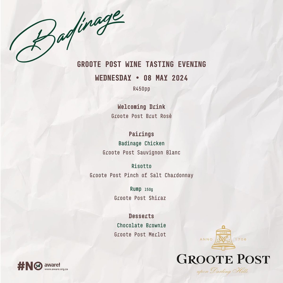 Last chance to book your seat for tonight’s Groote Post wine dinner at Badinage, Pretoria with @PeterPentz! It will be a night filled with amazing wines, great food and inspiring story telling ✨ 🍷 Bookings through @dineplan / 066 314 0768
