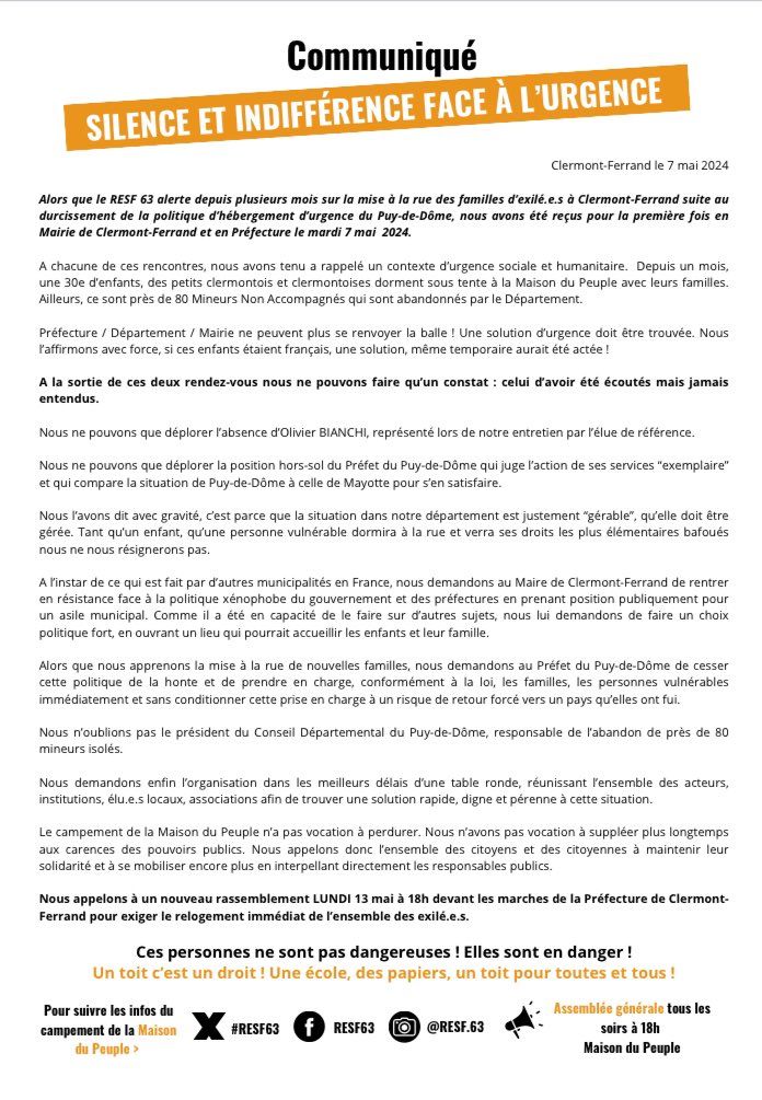 📣« Silence et indifférence face à l’urgence » Retrouvez et partagez notre communiqué suite aux rendez-vous du 7 mai en Mairie de @ClermontFd et avec le @Prefet63 👇 📌 Notez bien le prochain rassemblement LUNDI 13 mai à 18h devant les marches de la Prefecture #AsileMunicipal