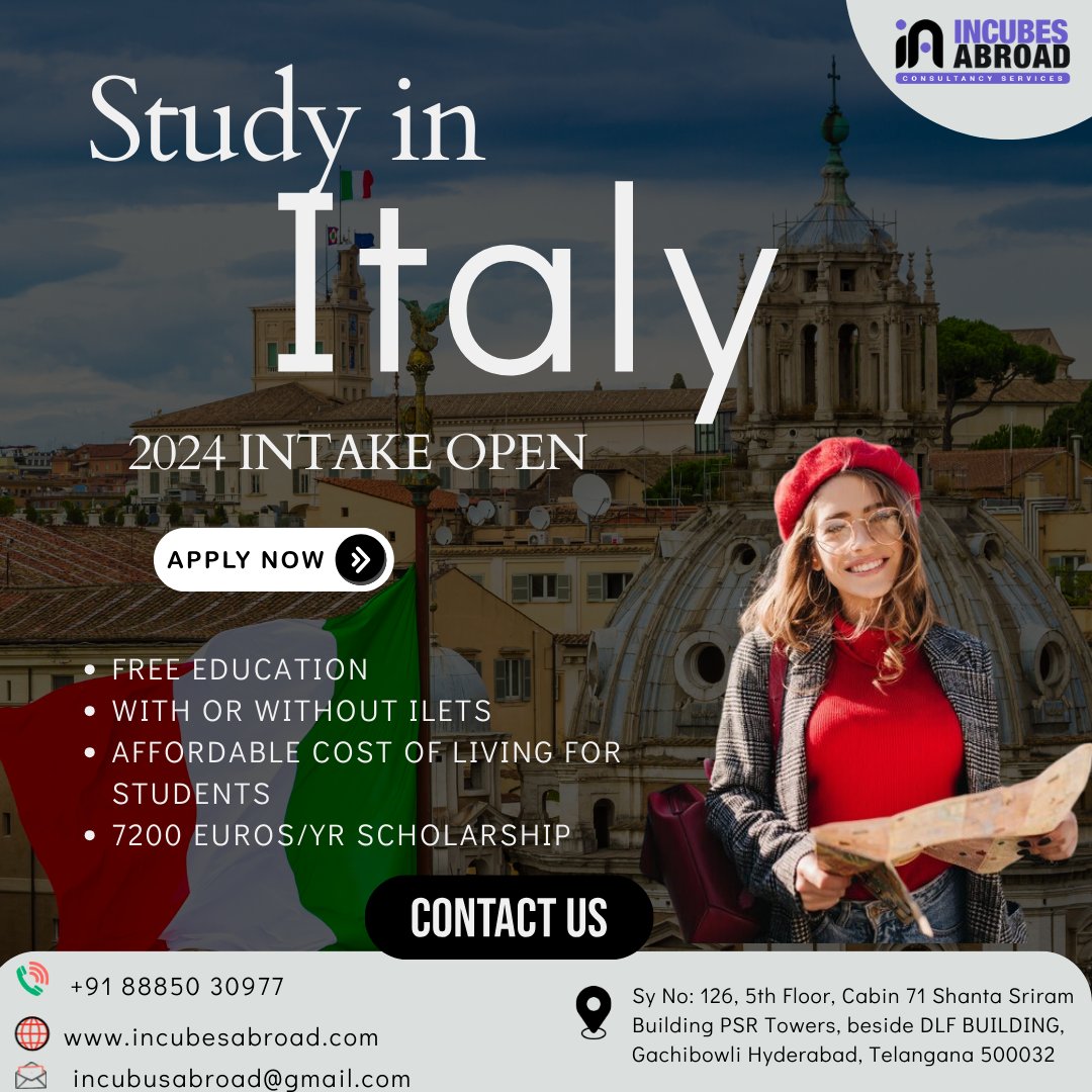 Don't miss your chance to experience the beauty of Italy while pursuing your education! Contact Incubes Abroad today.
#StudyInItaly #Italy2024 #IncubesAbroad #HigherEducation #InternationalStudents #StudyAbroad #GlobalLearning #EducationalOpportunities #StudentLife #studying