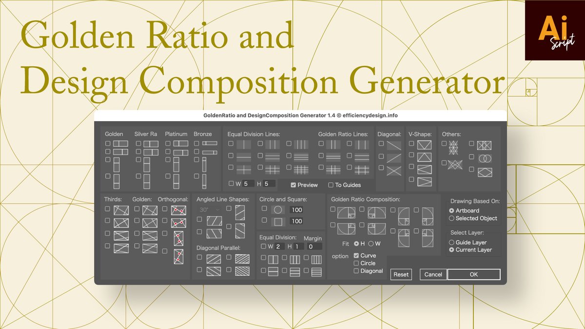 efficiency_d's tweet image. No more golden ratio templates needed.
Script instantly draws layouts in 100+ patterns.
For designs, logos, illustrations...
Golden ratio is beautiful, but templates are a hassle.
Generates golden spiral guides & circles in a snap.(1)
#Illustrator #script #extendscript