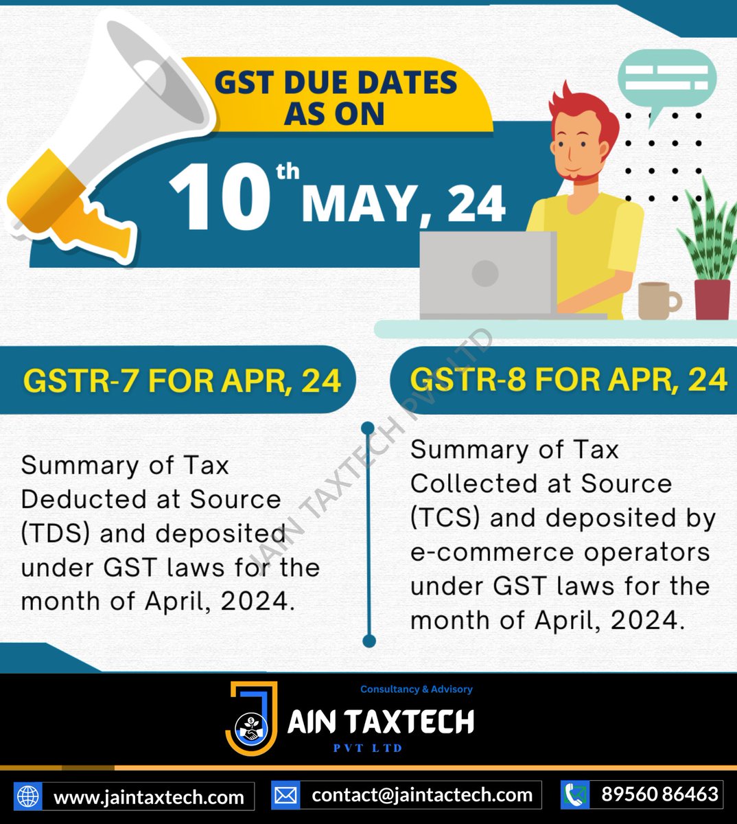 Attention Tax Deductors! 📢 File your GSTR-7 for April 2024, summarizing TDS deposited under GST laws. Stay compliant with Jain TaxTech! 💼💳 #GSTR7 #TaxCompliance #JainTaxTech #stockmarketcrash  #Auditing #BusinessTax