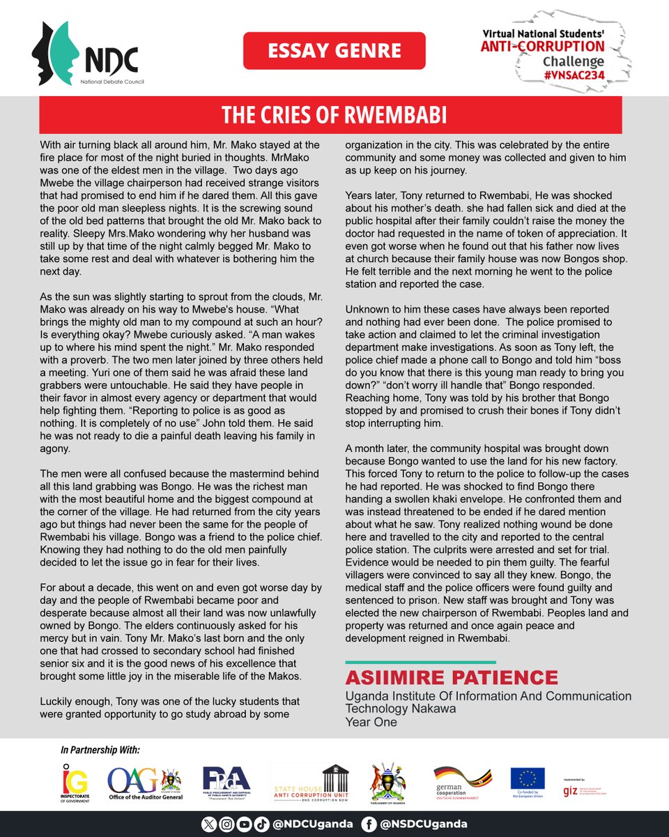 This is a thought-provoking #VNSAC234 Essay 'THE CRIES OF RWEMBABI' by ASIIMIRE PATIENCE, shedding light on the devastating impacts of corruption in rural Uganda. Hers is a gripping narrative of resilience & justice as communities fight against corrupt forces. #ExposeTheCorrupt