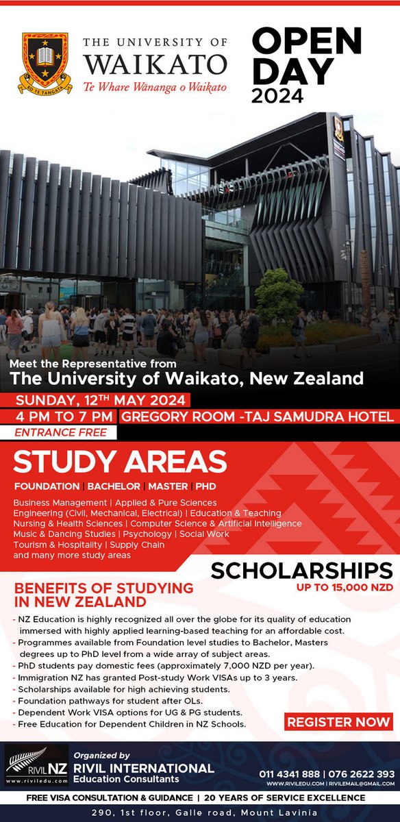 Meet University of Waikato, NZ in Sri Lanka - Join the Open Day organized by Rivil International.
bit.ly/3JTJyhk
#lka #iContactLanka #SriLanka