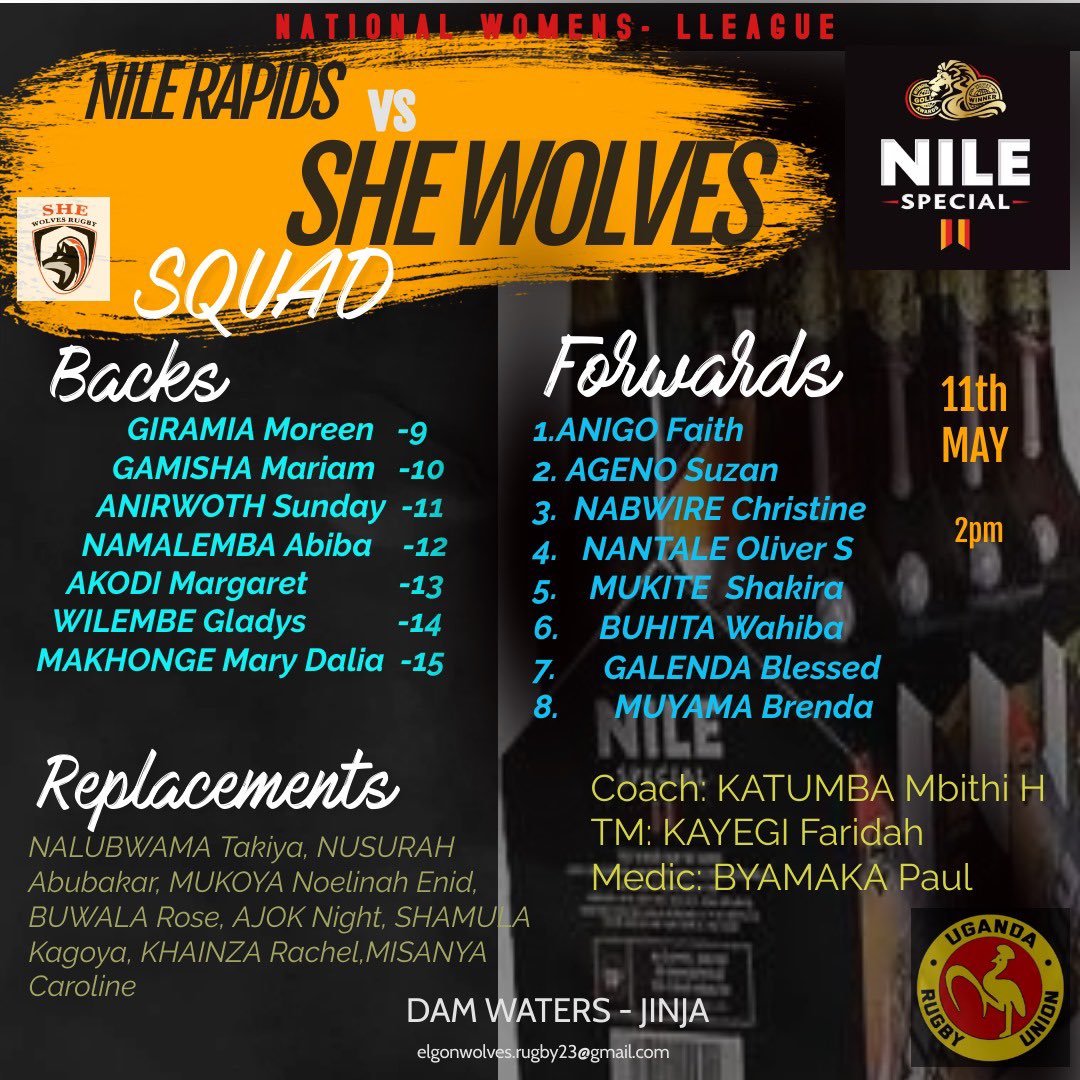 We will be at Dam waters this weekend against @NileRapidsRFC #SheWolvesRugby #RaiseYourGame