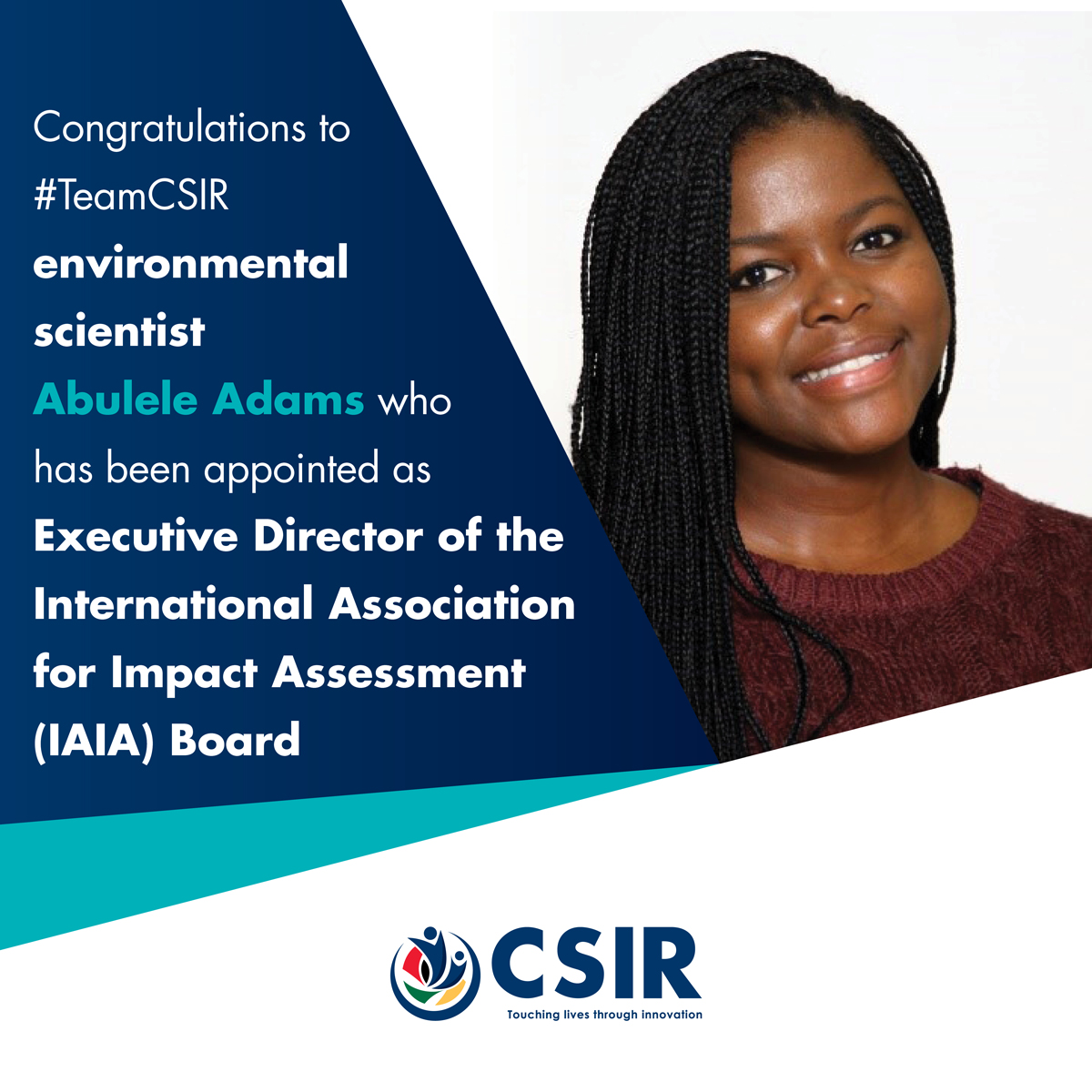 Join us as we congratulate #TeamCSIR environmental scientist Abulele Adams who has been appointed as Executive Director of the International Association for Impact Assessment (IAIA) Board. Great job Abulele! We are so proud of you! csir.co.za/abulele-adams-…