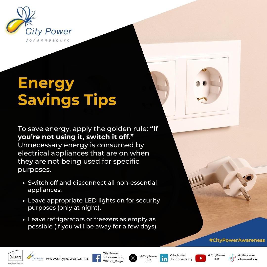 #CityPowerUpdates
#CityPowerAwareness

To save energy, apply the golden rule : 'if you are not using it, switch it off'. ^NH