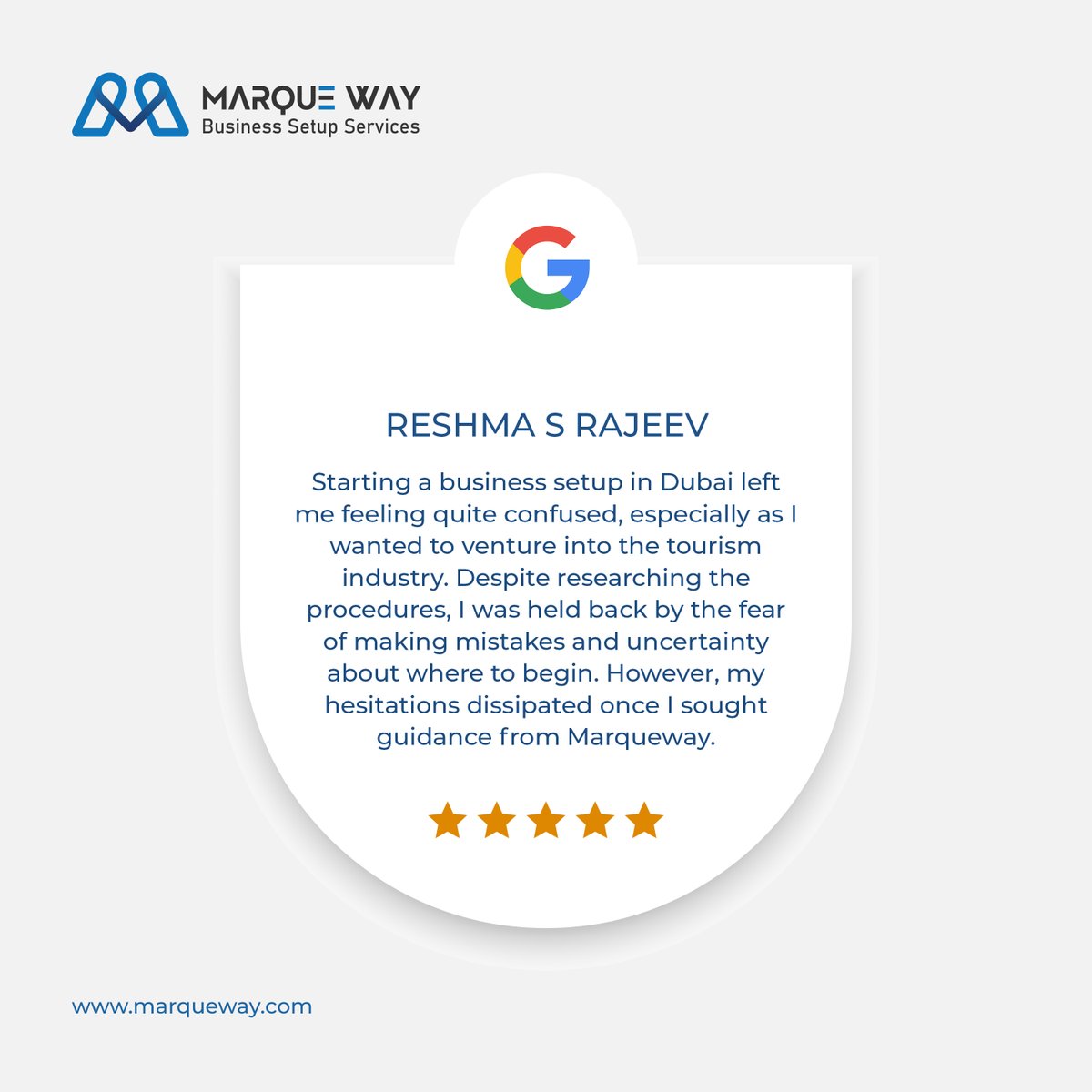Thank you Reshma for your valuable comments about Marqueway. Our primary objective is the well-being of our customers and we will continue to deliver at a high-level.

#Marqueway #review #customerfeedback #customerservice #happyclients #googlereview #businesssetup #dubai #uae