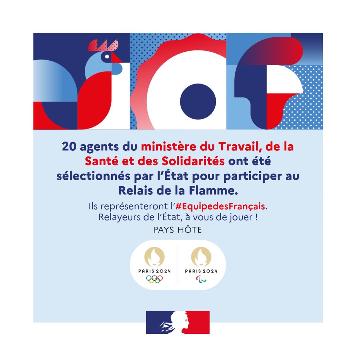 #RelaisDeLaFlamme 🔥 | La Flamme olympique arrive aujourd’hui en France 🇫🇷 👉 Suivez sur nos réseaux sociaux, jusqu’au 26 juillet, les relayeurs du ministère du Travail, de la Santé et des Solidarités. #EquipeDesFrançais #JO2024