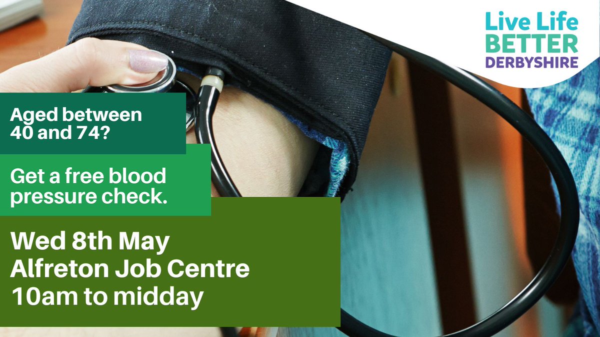 We'll be at #Alfreton Job centre, Tannery House, Alfreton today from 10am to midday offering #free #bloodpressure checks and info about healthy lifestyles services in your local area. Pop along and find out more!