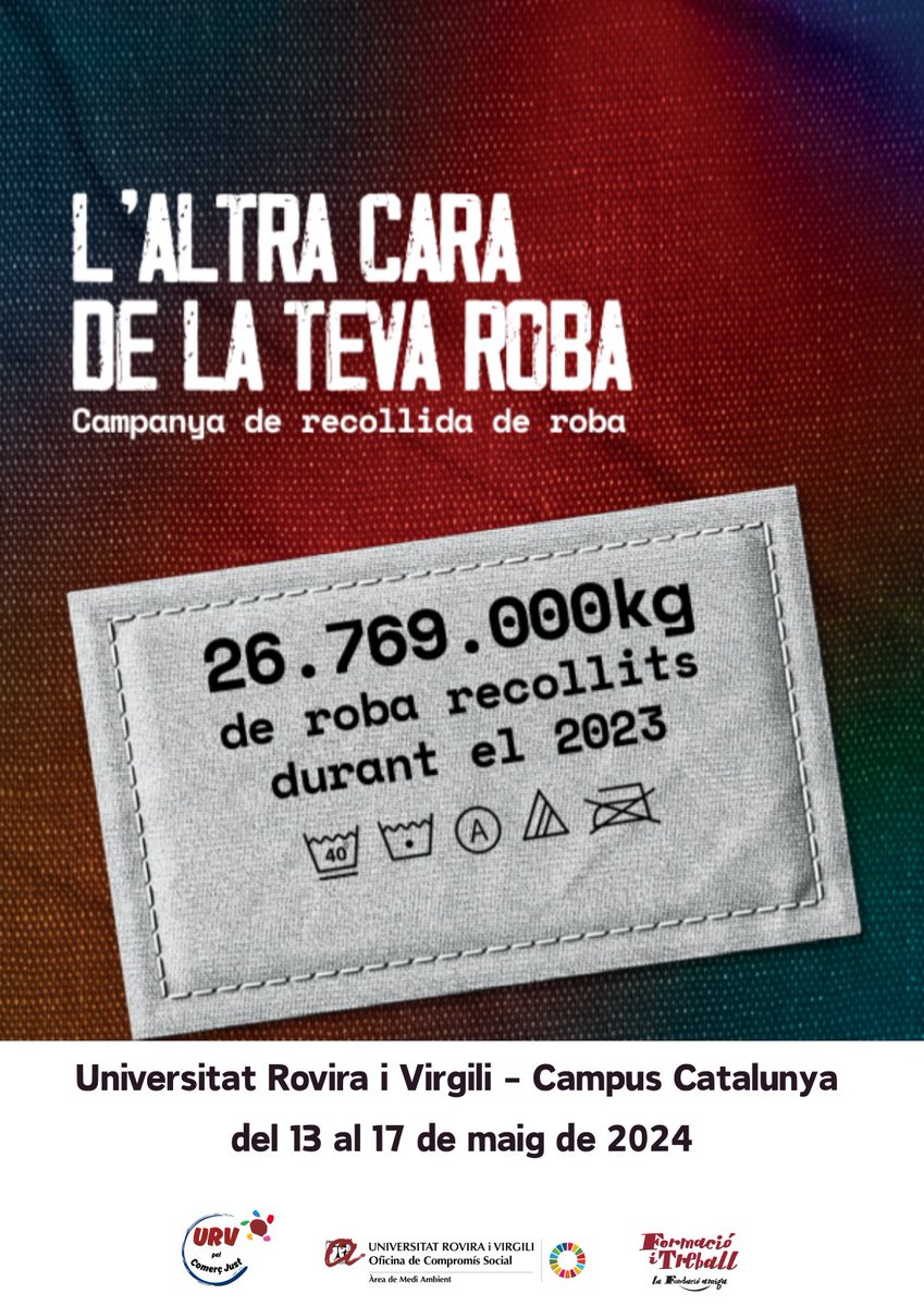 📢Nova campanya de recollida de roba a <a href="/universitatURV/">Universitat Rovira i Virgili</a>  amb @fitreball <a href="/URVsolidaria/">URV Solidària</a> 
A partir del 13 de maig a C. Catalunya. Porteu tota la roba que ja no voleu. Qualsevol tèxtil. Roba de la llar i sabates també. 
#urvsostenible #comerçjustURV