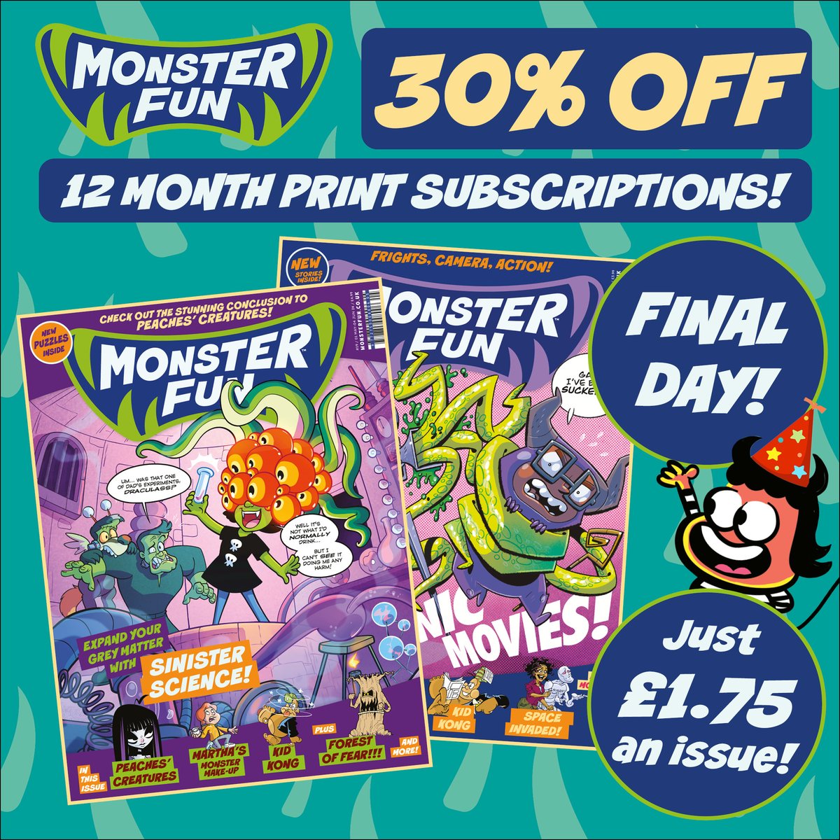 LAST CHANCE to get 30% OFF! ENDS TODAY! Our 2nd Birthday is almost over, so don't miss out on a whole year of mayhem, monsters, and epic reading! Just £1.75 an issue! Just head to the Monster Fun website to subscribe: monsterfun.co.uk/SubscribeApril…