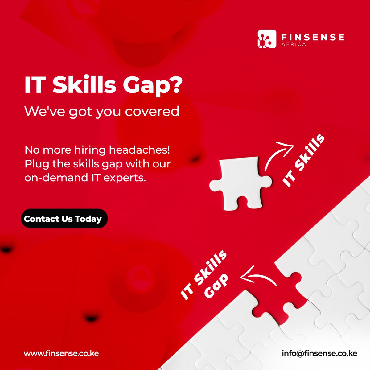 Is your business struggling to find the IT talent it needs? Let's chat! We can help you identify skill gaps and develop a plan to bridge them. Contact us at info@finsense.co.ke #ITstaffing #skillsgap