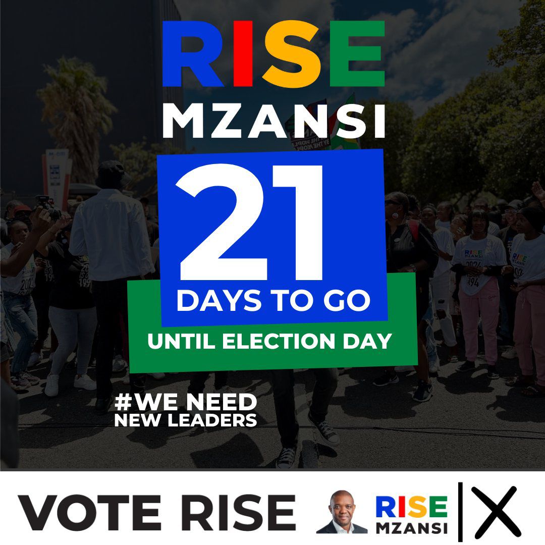 Mzansi, we are exactly 21 days from making history and electing new leaders, so we can build a safe, prosperous, equal, and united South Africa in ONE generation.

#WeNeedNewLeaders
#VoteRISEMzansi