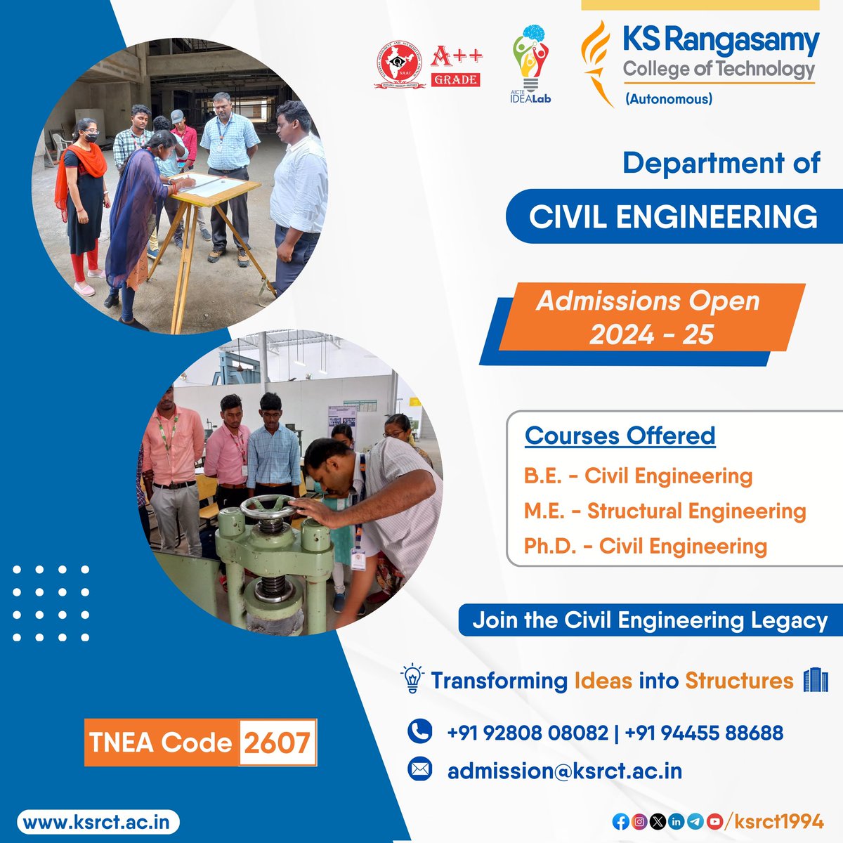 Admissions Open (2024-25) Unlock the door to a promising future in Civil Engineering!. Admissions now available for those ready to build the world of tomorrow. Join Civil Engineering at #ksrct1994 #civilengineering#admissions#structures