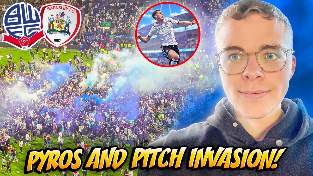NEW VIDEO! Pyros & Pitch Invasion as 25,000 Bolton fans GO MENTAL! ⚽️😍 5 goal thriller in an unbelievable match! Incredible atmosphere throughout! 👀 🔗 youtu.be/dwUEnLVnMtA?si… All RTs appreciated! #BWFC #EFLPlayOffs #BarnsleyFC