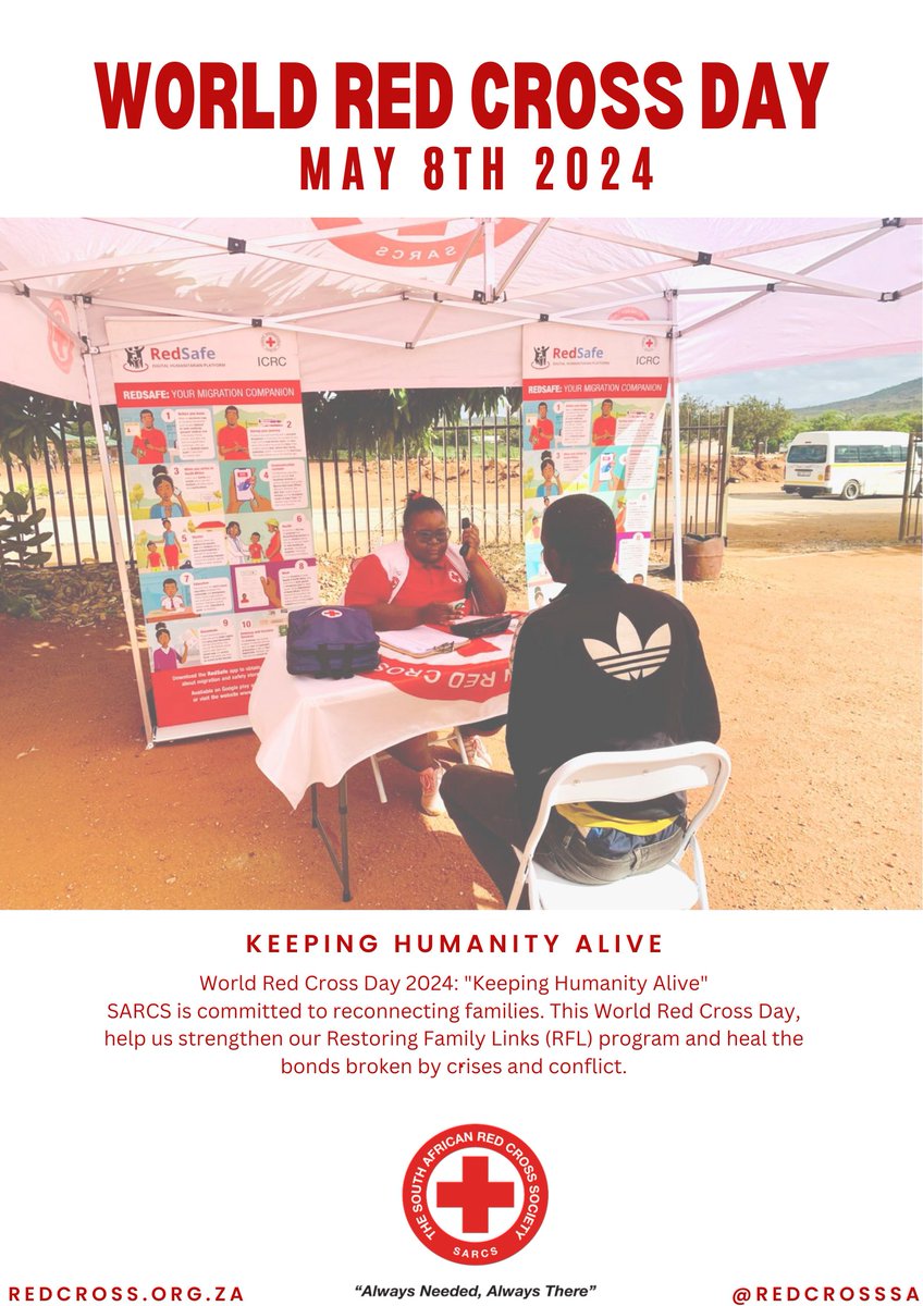 RedcrossSa's tweet image. Happy #WorldRedCrossDay Celebrating "Keeping Humanity Alive" as we mark 30 years of democracy in South Africa. 

Thanks to our volunteers, staff, and members for their dedication and compassion. You are the heart of the Movement.  Making a difference every day! #PowerOfHumanity