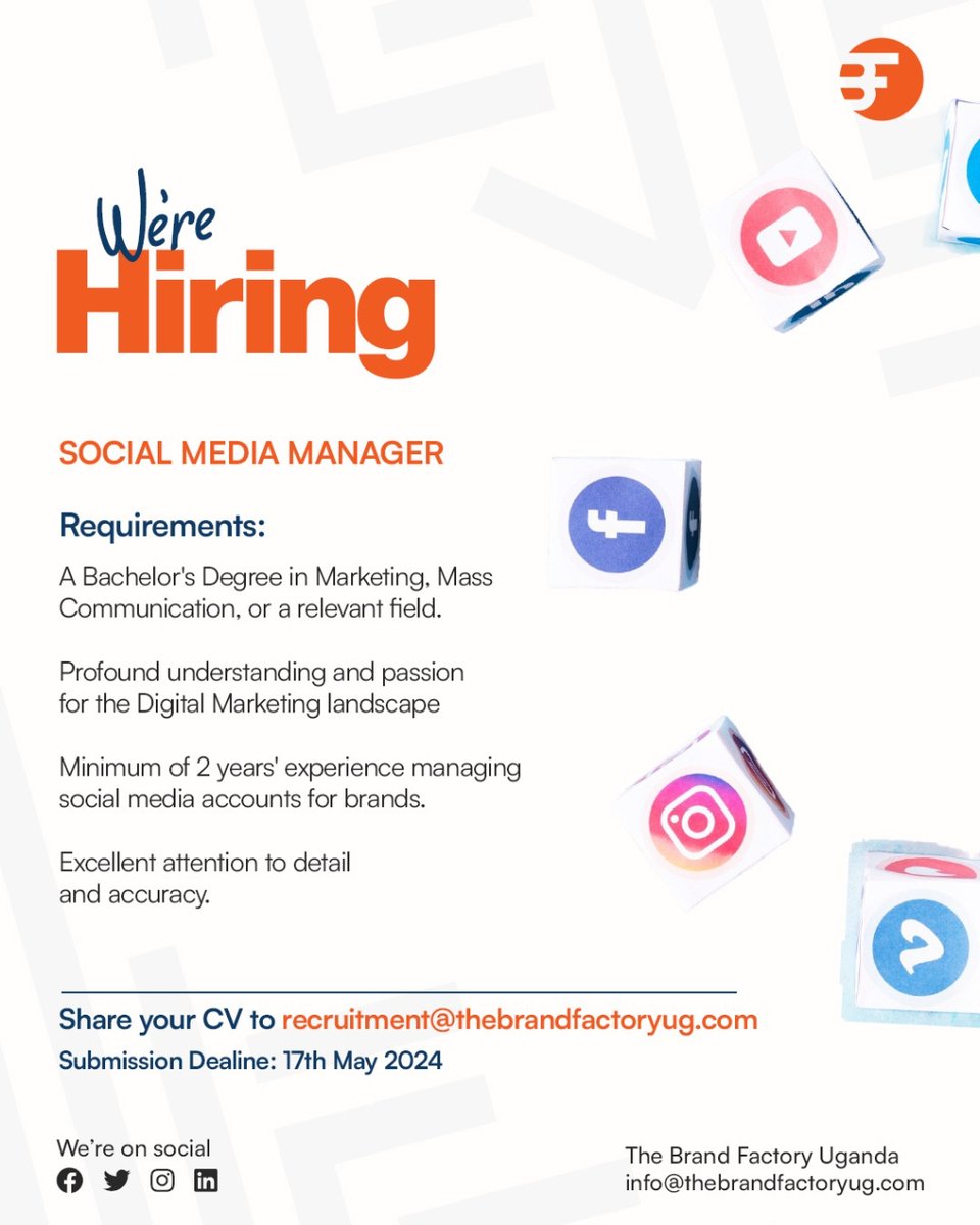 Are you a Social Media Mastermind? We want YOU!
Apply Now to join The Brand Factory before 17th May 2024.
Click here to see full job description thebrandfactoryug.com/were-hiring-so…
#SocialMediaManager #SocialMediaJobs #KampalaJobs #MarketingJobs #TheBrandFactoryUganda #hiring